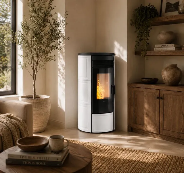 Kominek na pellet Klover Omega 120 Plus Air ceramika kość słoniowa