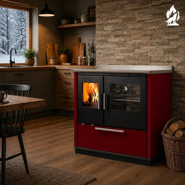 Wood-burning cooker Nobis Ogla 90 steel bordo