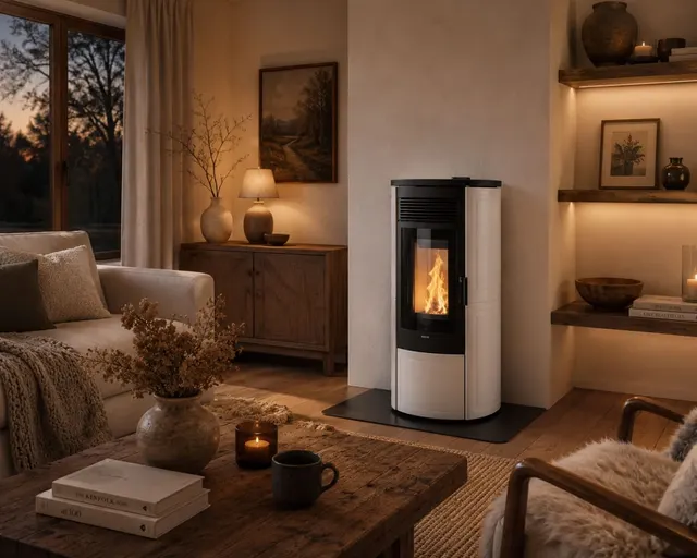 Kominek na pellet Klover Omega 120 Plus Air ceramika kość słoniowa