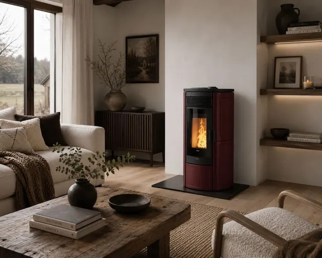 Kominek na pellet Klover Omega 120 Plus Multi-Air ceramika bordowa