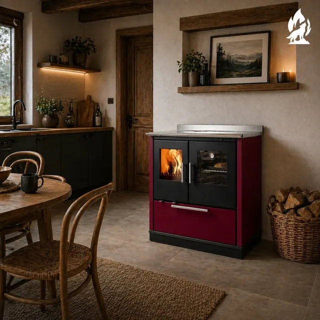 Wood-burning cooker Nobis Ogla 80 steel bordo