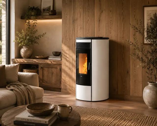 Kominek na pellet Klover Omega 120 Air stal kość słoniowa