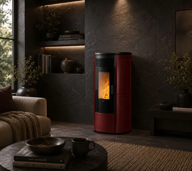 Kominek na pellet Klover Omega 120 Plus Air ceramika bordowa