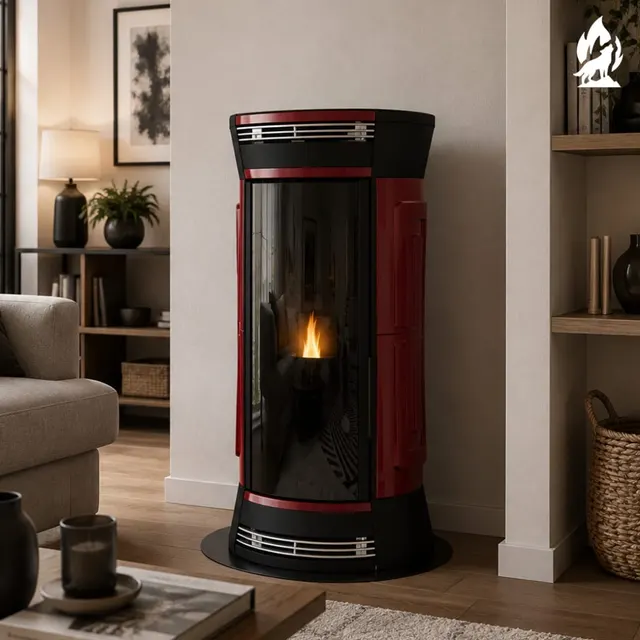 Kominek na drewno Moretti Design Clessidra Wood ceramika bordowa