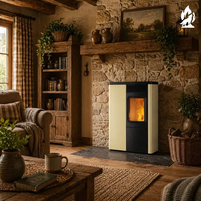 Kominek na pellet Nobis 6/9 N70 Slim V stal kremowa