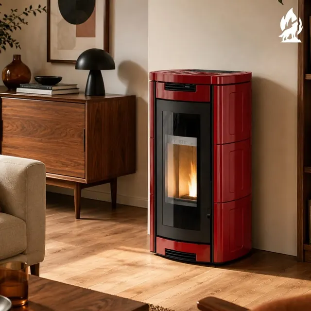 Kominek na drewno Moretti Design Aladino Wood ceramika bordowa
